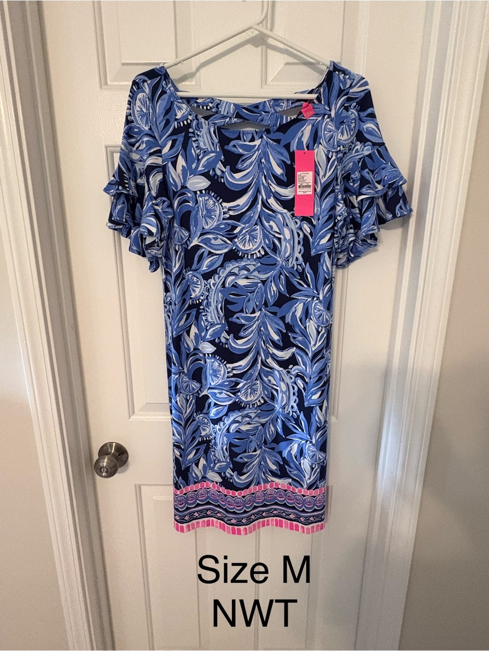 Lilly Pulitzer Blue Leaf-Print Midi Dress with Pink Hem Accents